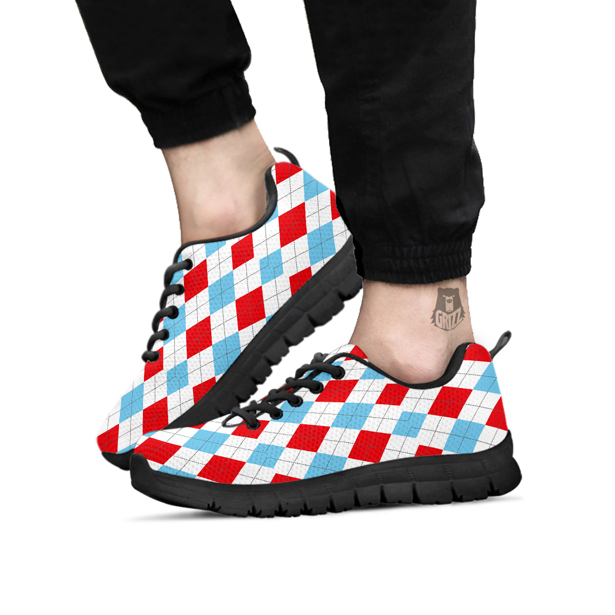 Red White And Blue Argyle Print Pattern Black Sneaker-grizzshop