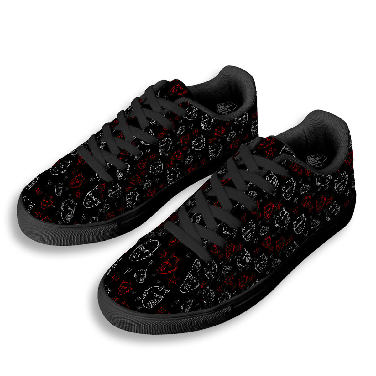 Red White Satan Head Print Pattern Black Low Top Sneakers-grizzshop