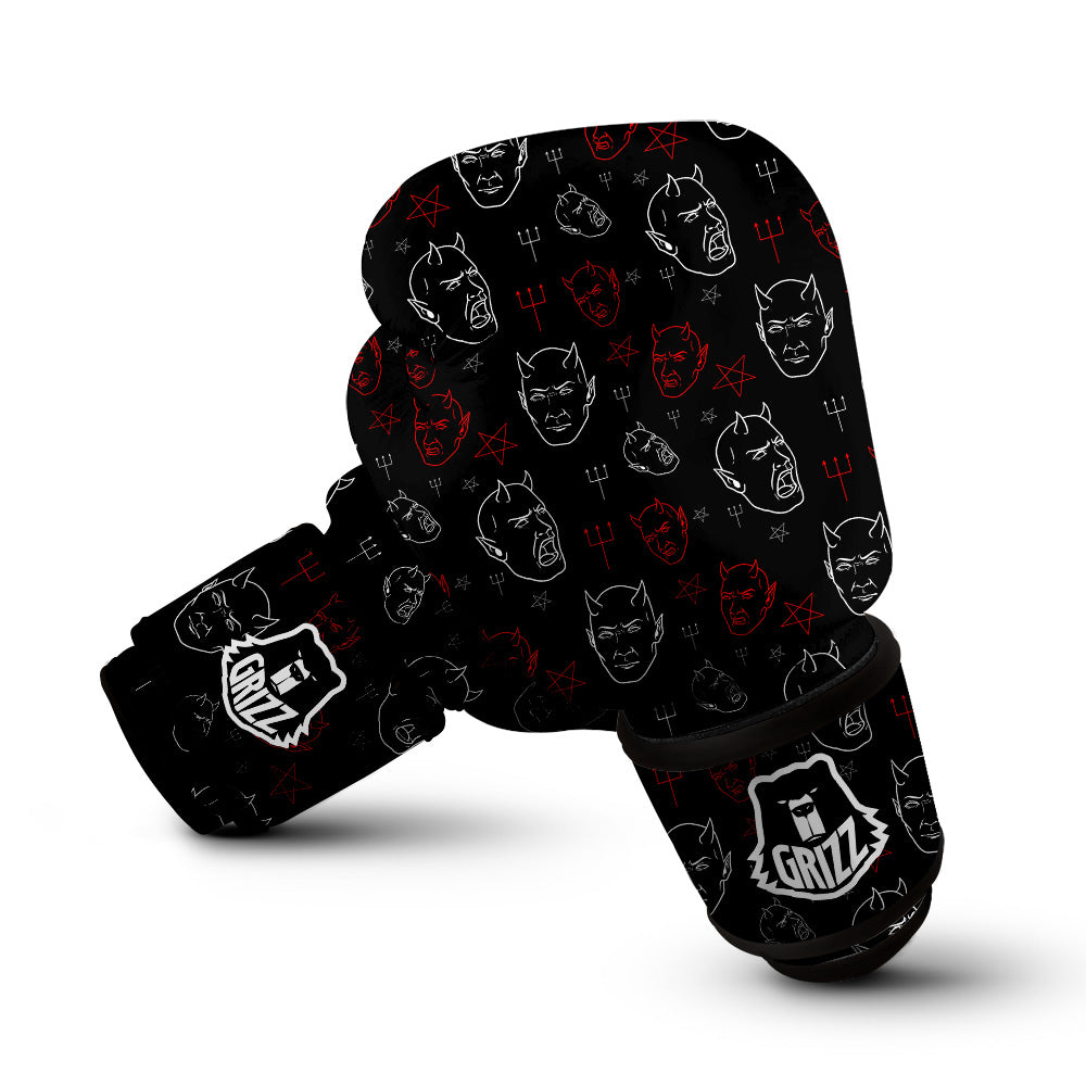 Red White Satan Head Print Pattern Boxing Gloves-grizzshop
