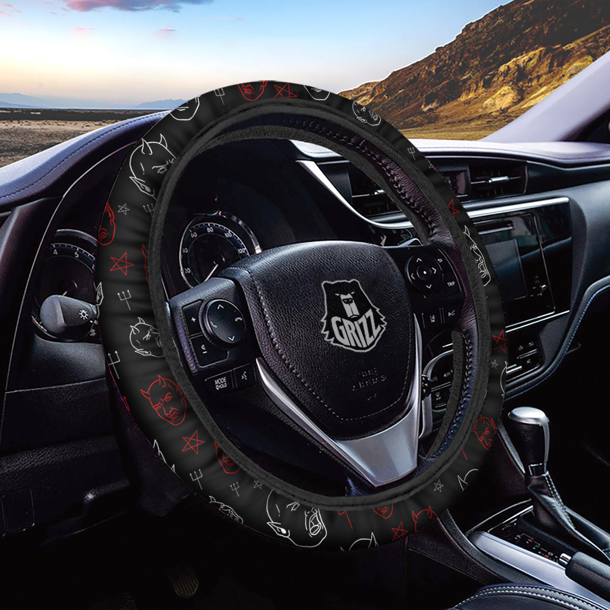 Red White Satan Head Print Pattern Car Steering Wheel Cover-grizzshop