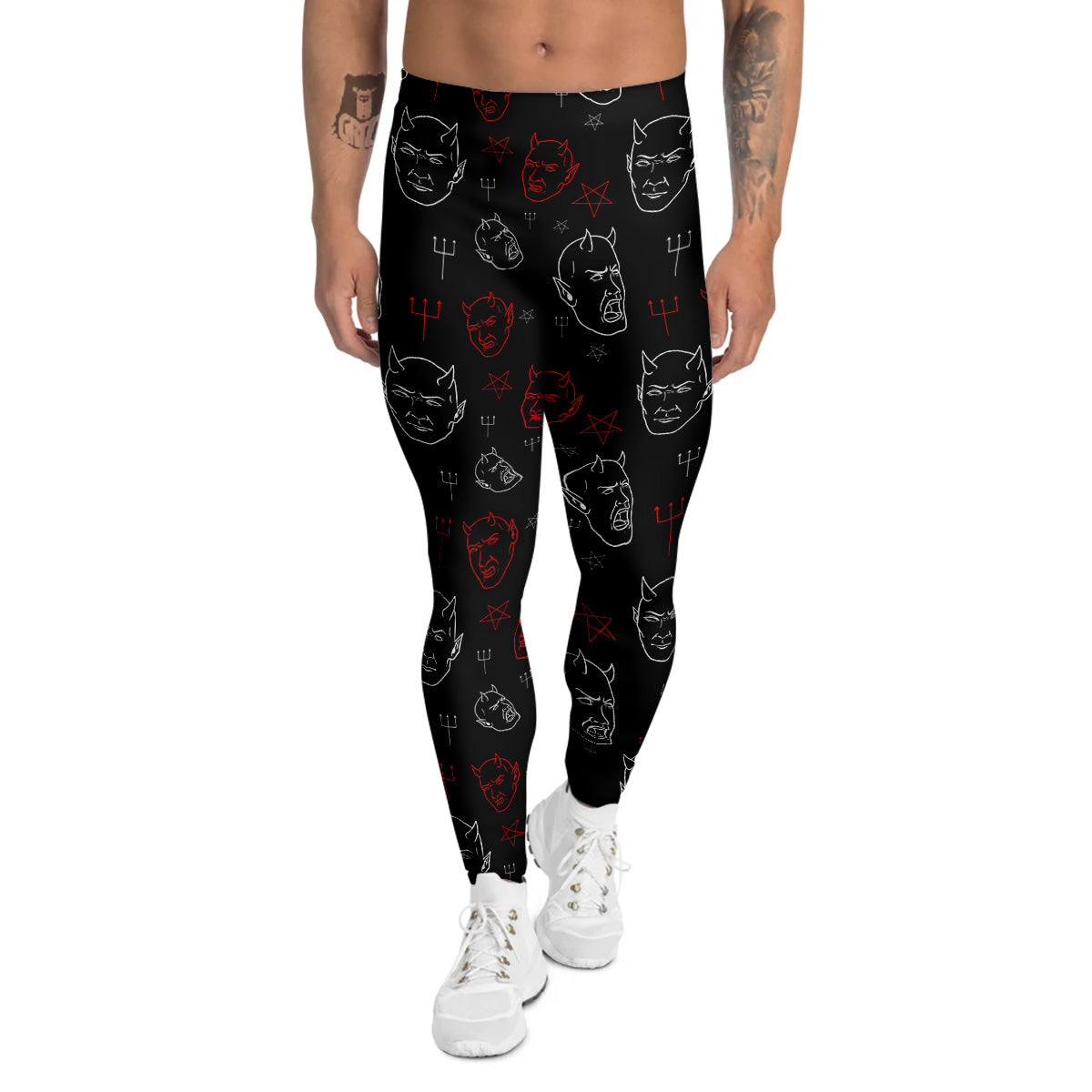 Red White Satan Head Print Pattern Men's Leggings-grizzshop