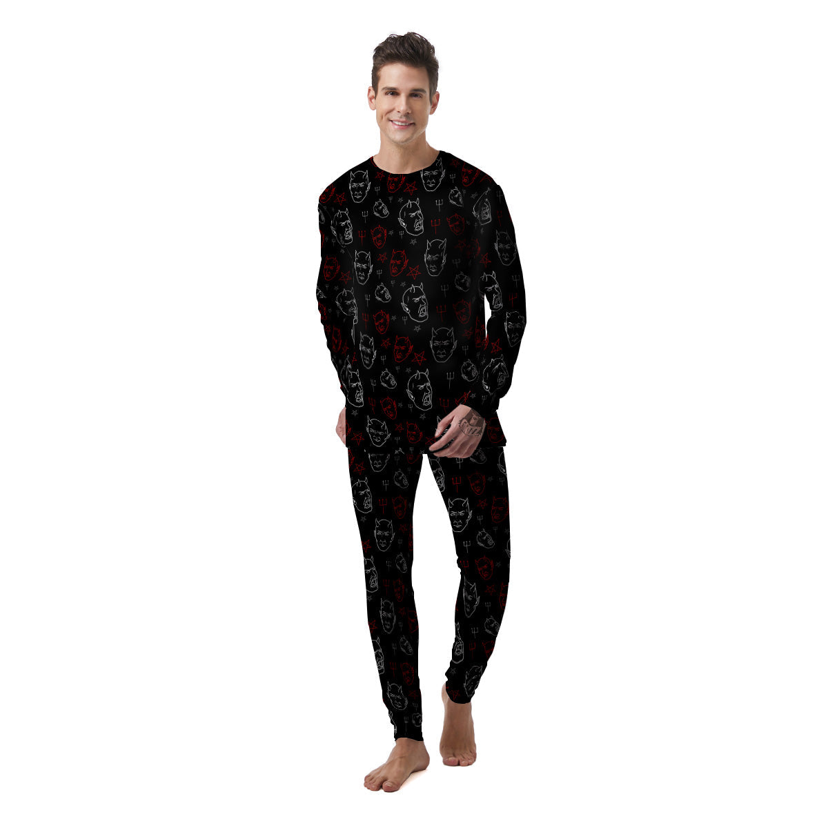 Red White Satan Head Print Pattern Men's Pajamas-grizzshop