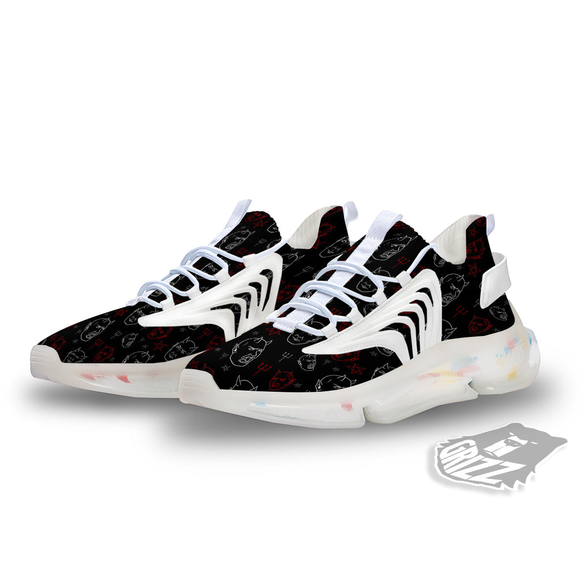 Red White Satan Head Print Pattern White Gym Shoes-grizzshop