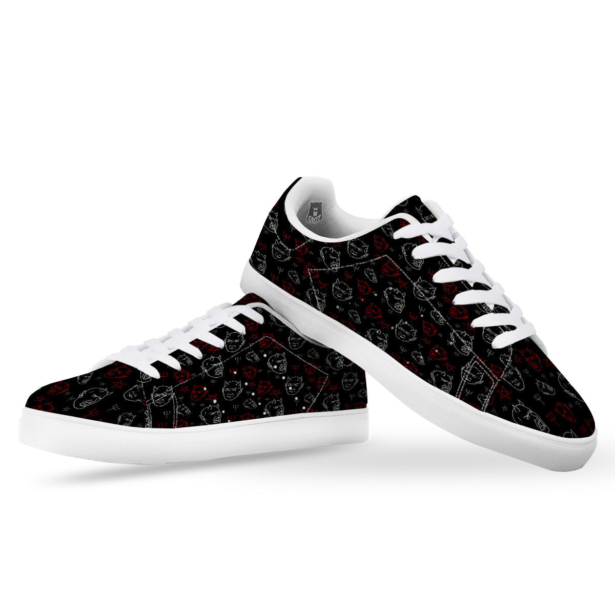 Red White Satan Head Print Pattern White Low Top Sneakers-grizzshop