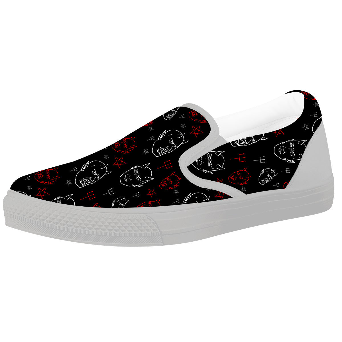 Red White Satan Head Print Pattern White Slip On Shoes-grizzshop