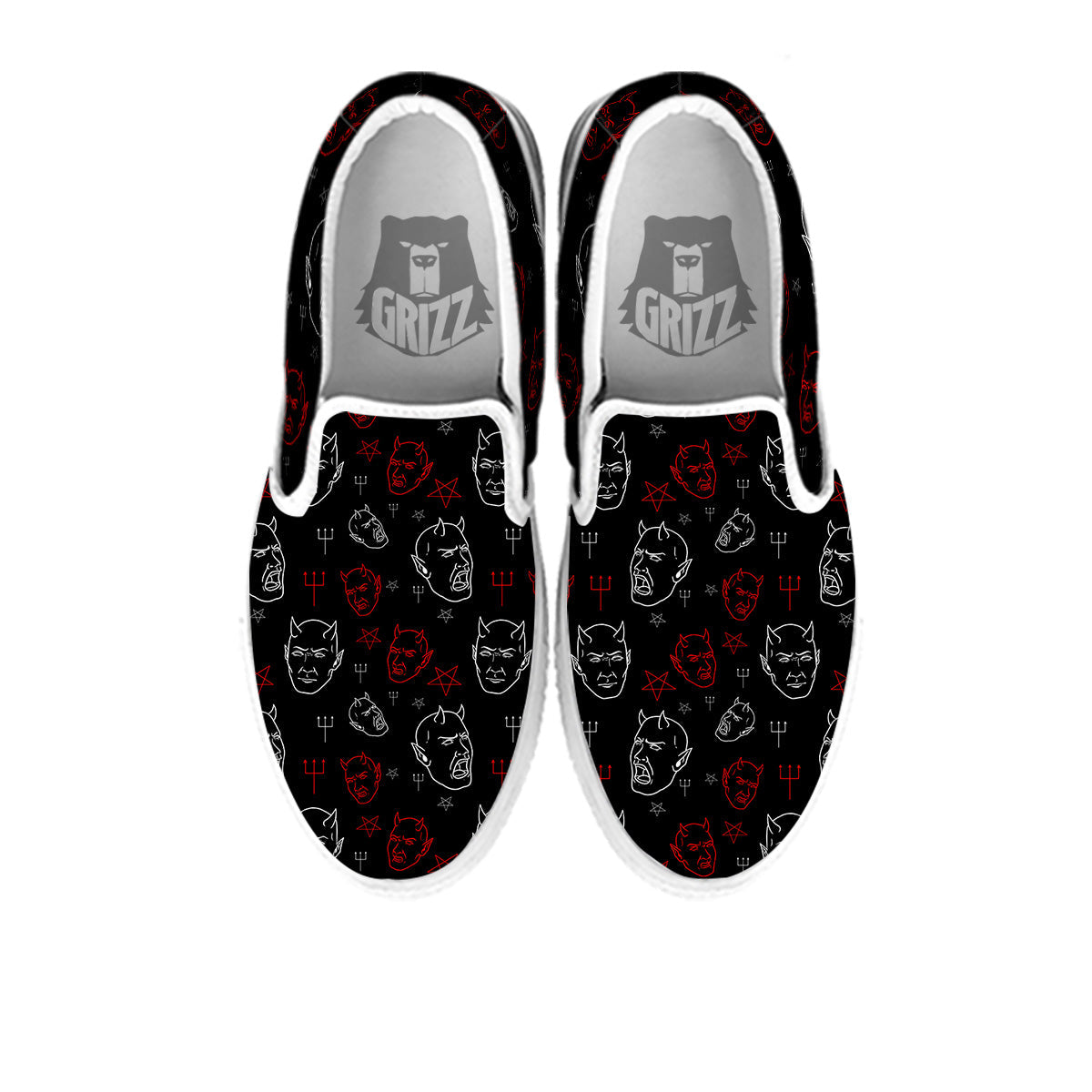 Red White Satan Head Print Pattern White Slip On Shoes-grizzshop