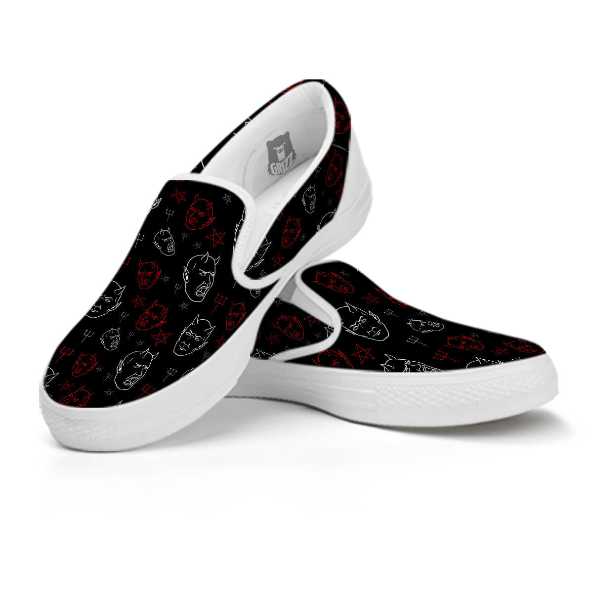 Red White Satan Head Print Pattern White Slip On Shoes-grizzshop