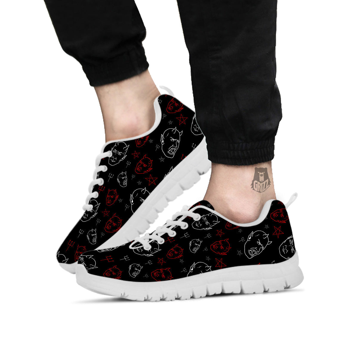 Red White Satan Head Print Pattern White Sneaker-grizzshop