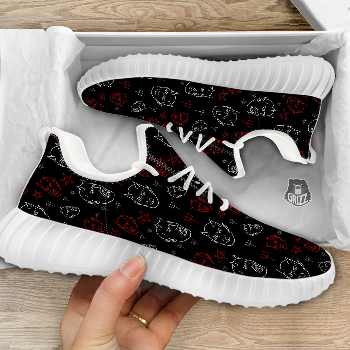 Red White Satan Head Print Pattern White Walking Shoes-grizzshop