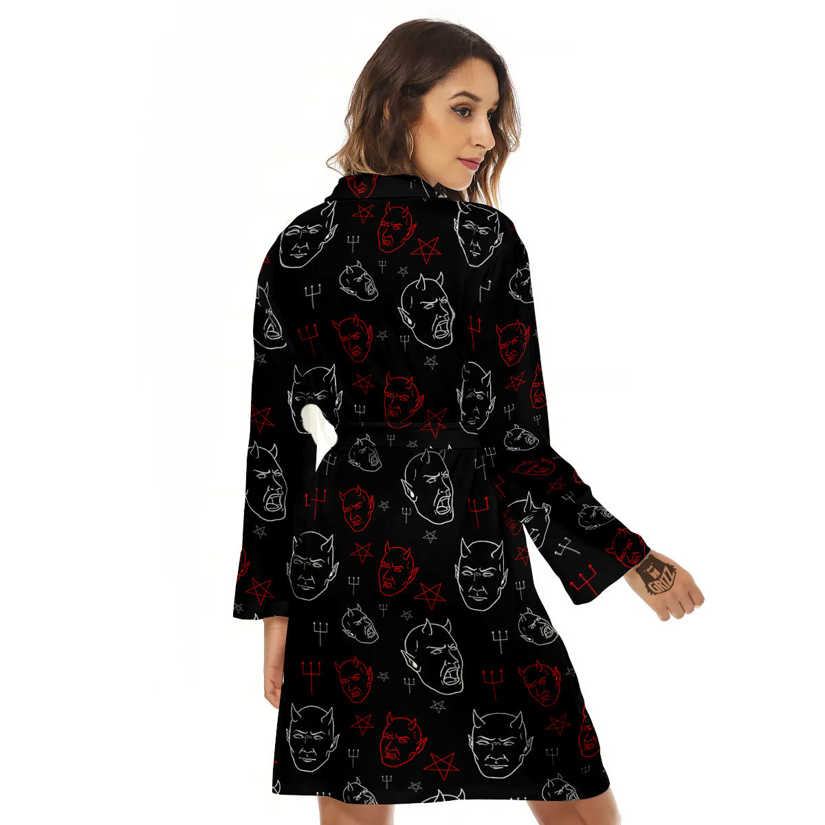 Red White Satan Head Print Pattern Women's Robe-grizzshop