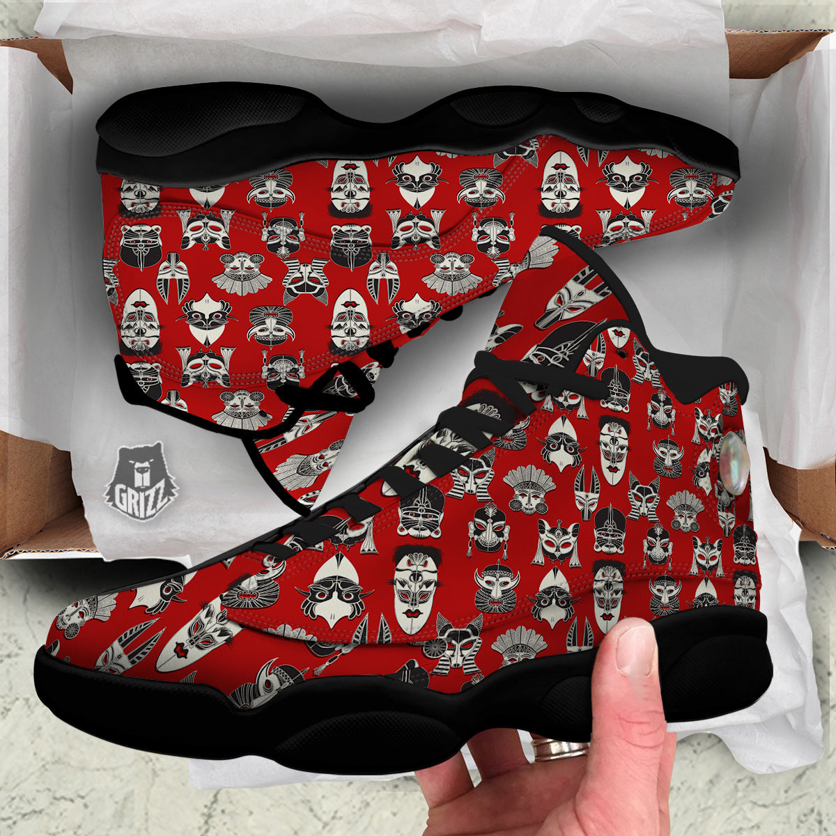 Red White Tribal Mask Print Pattern Black Basketball Shoes-grizzshop