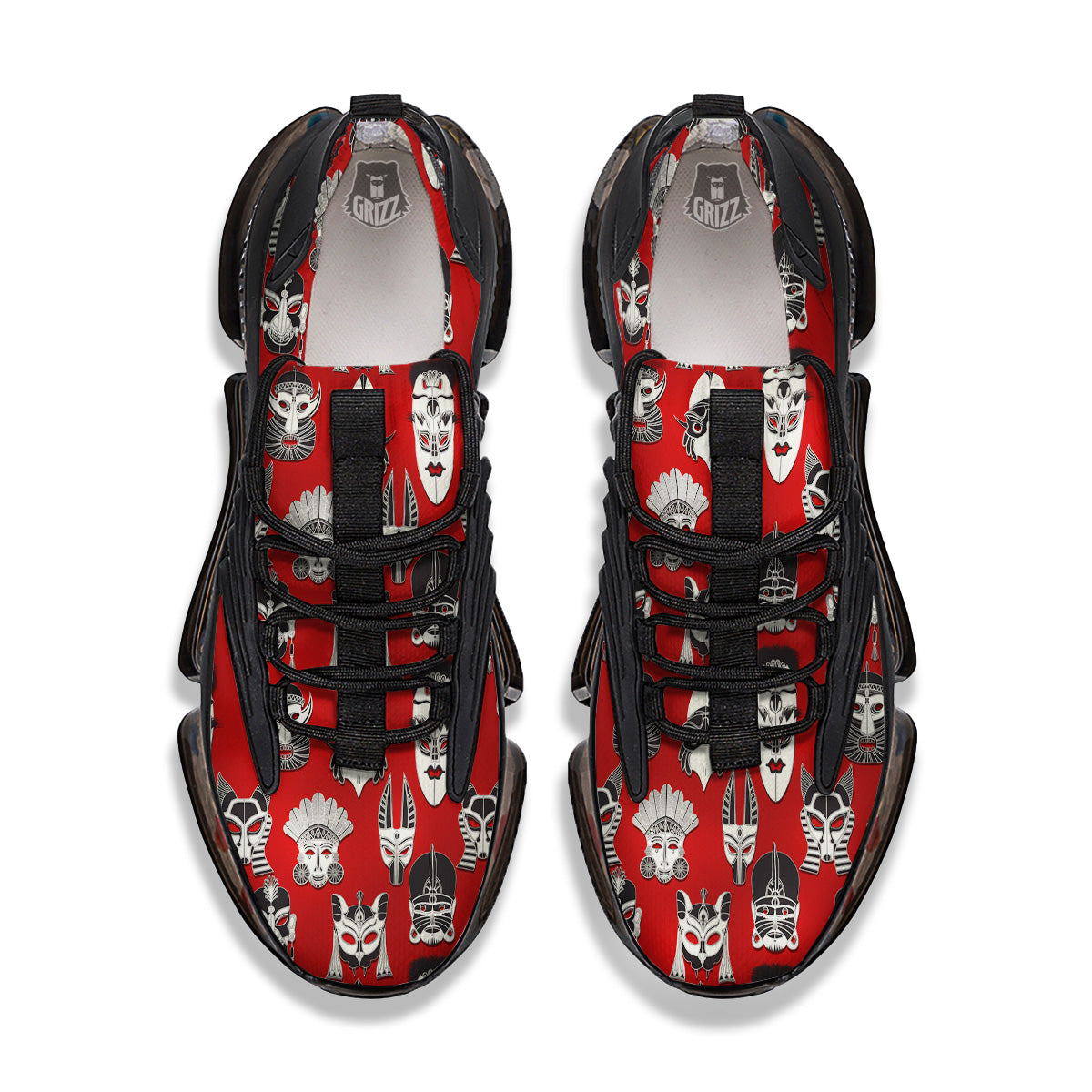 Red White Tribal Mask Print Pattern Black Gym Shoes-grizzshop