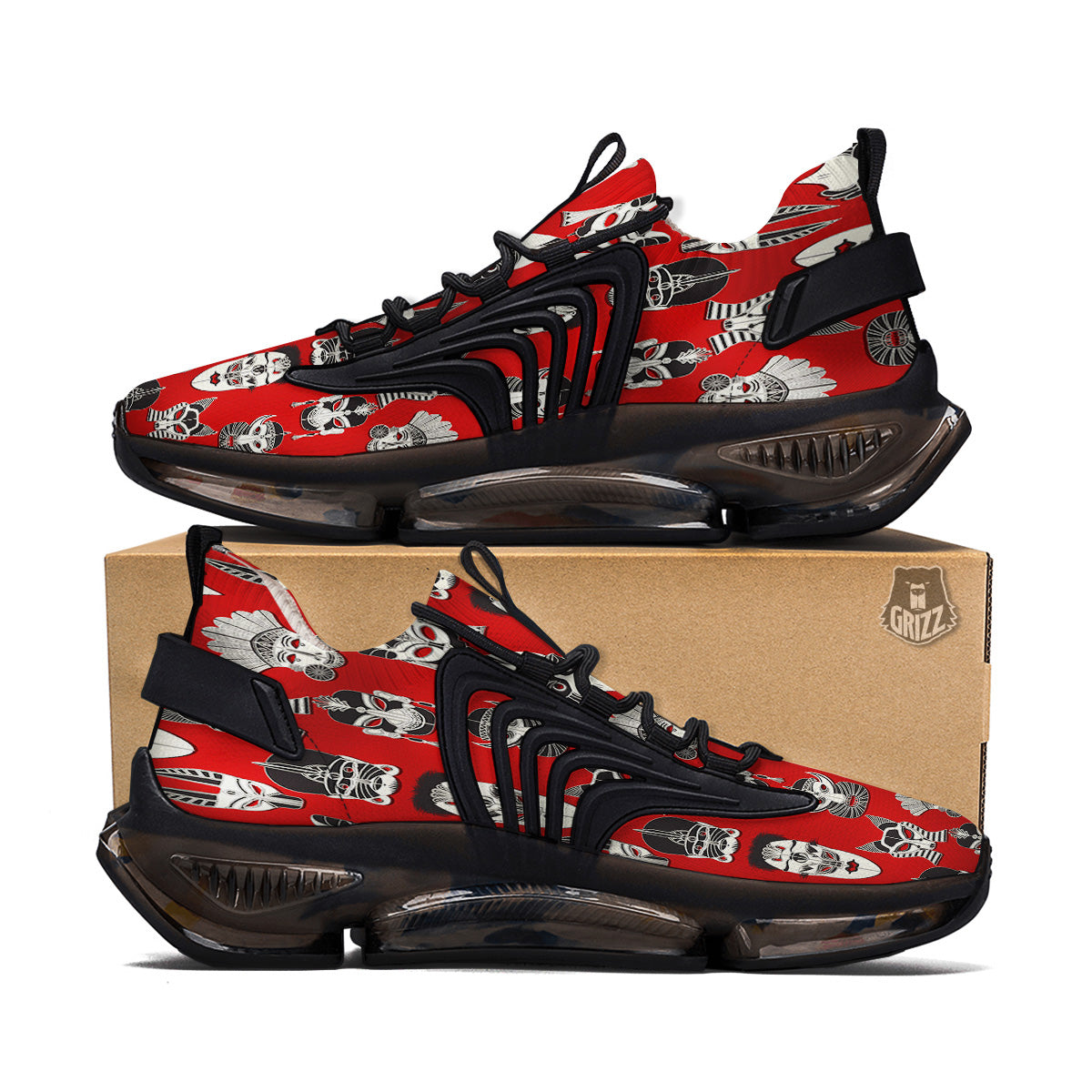 Red White Tribal Mask Print Pattern Black Gym Shoes-grizzshop