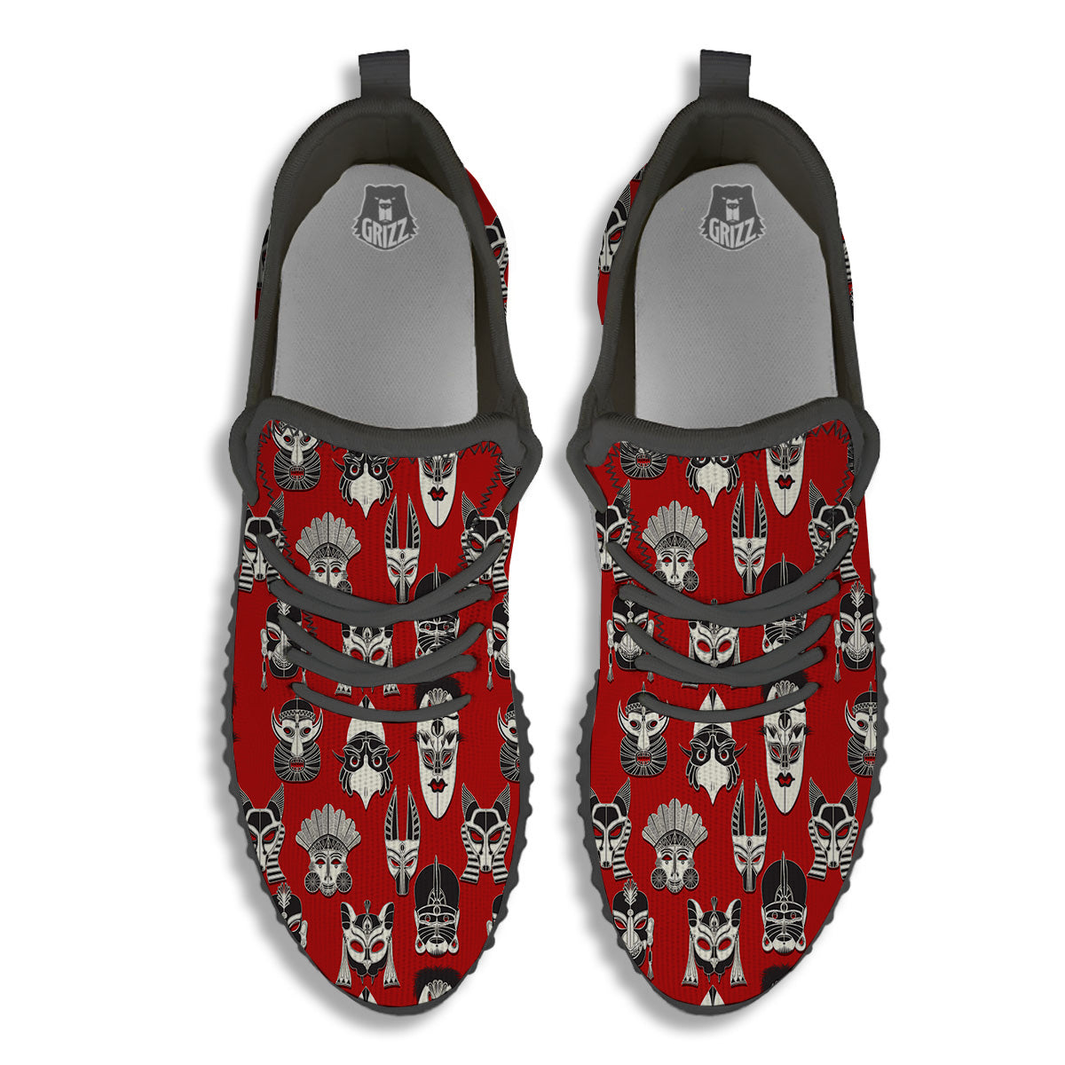 Red White Tribal Mask Print Pattern Black Walking Shoes-grizzshop