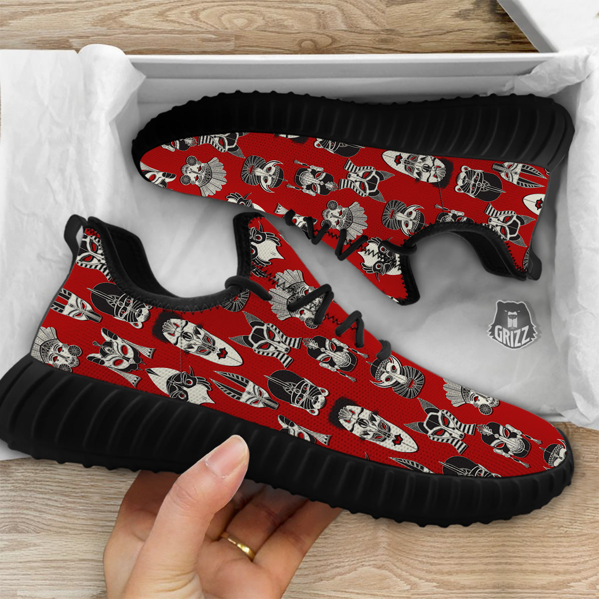 Red White Tribal Mask Print Pattern Black Walking Shoes-grizzshop