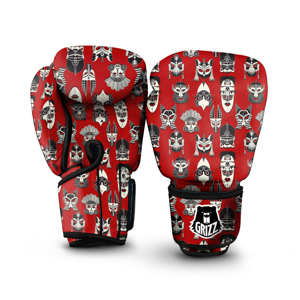Red White Tribal Mask Print Pattern Boxing Gloves-grizzshop