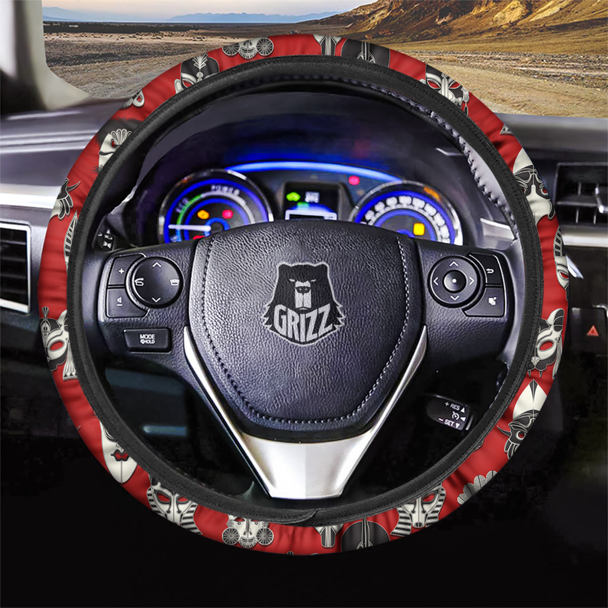 Red White Tribal Mask Print Pattern Car Steering Wheel Cover-grizzshop