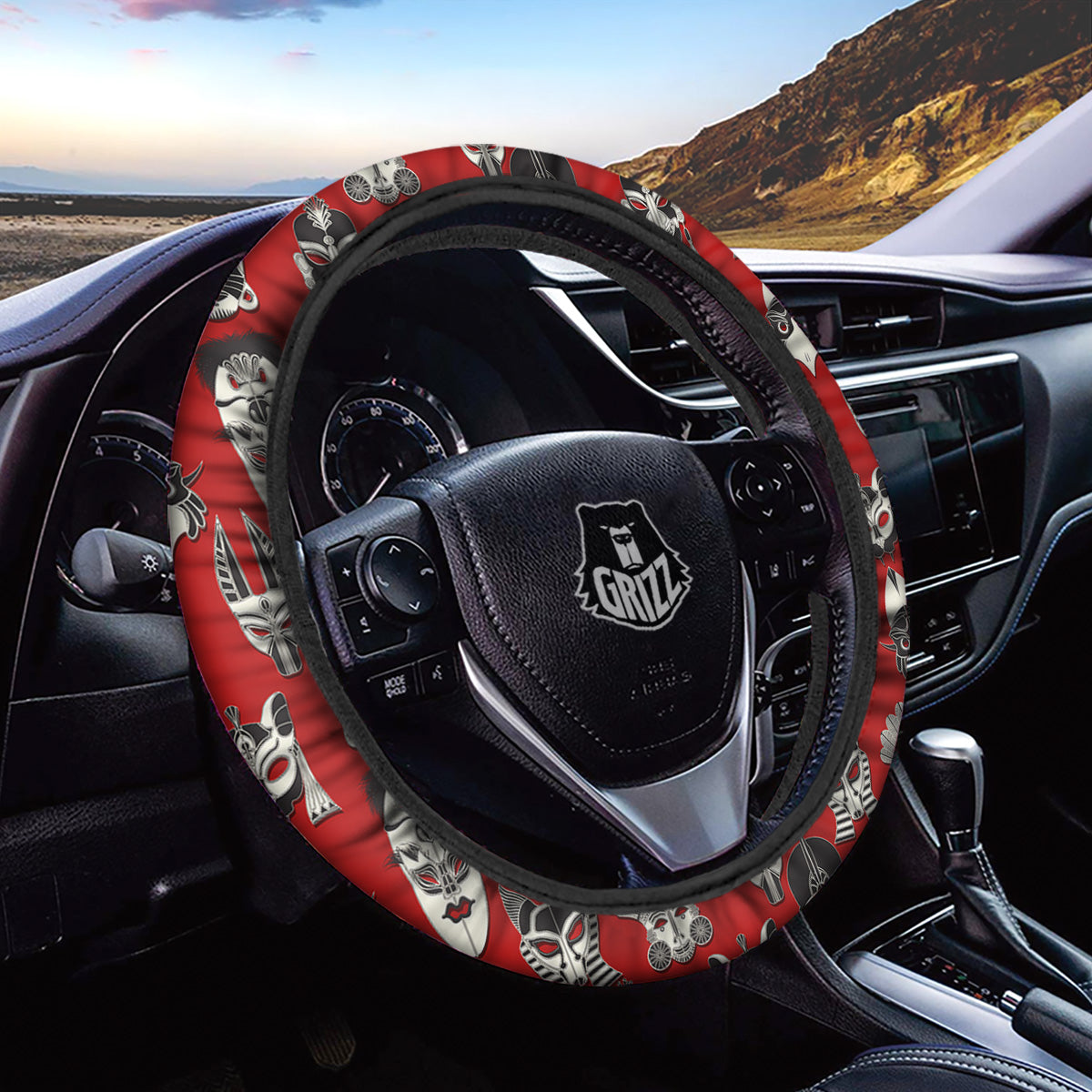 Red White Tribal Mask Print Pattern Car Steering Wheel Cover-grizzshop
