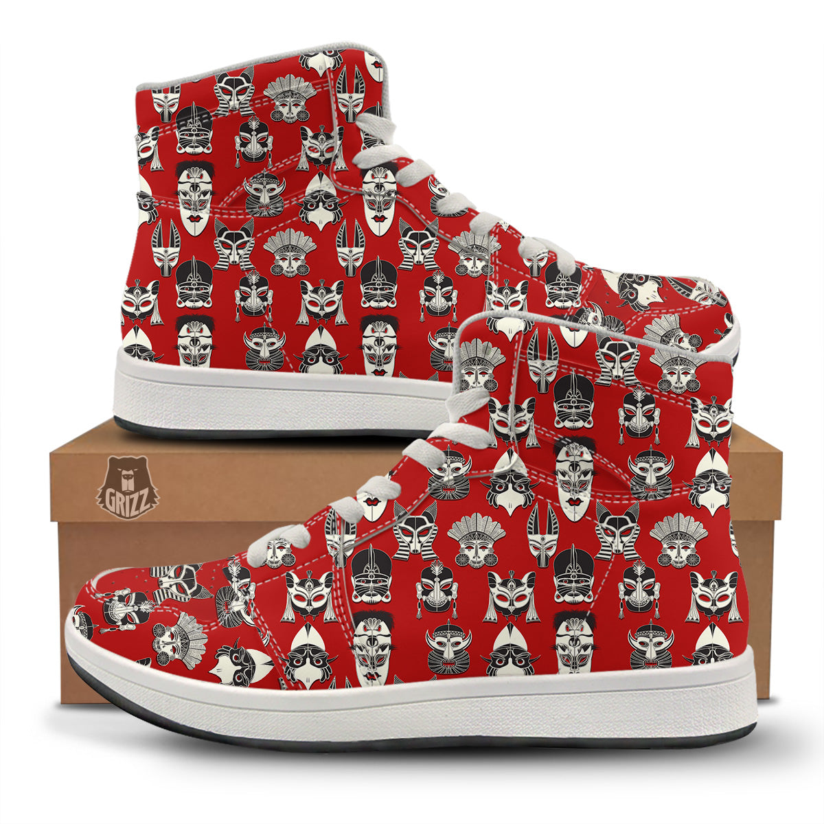 Red White Tribal Mask Print Pattern High Top Sneakers-grizzshop