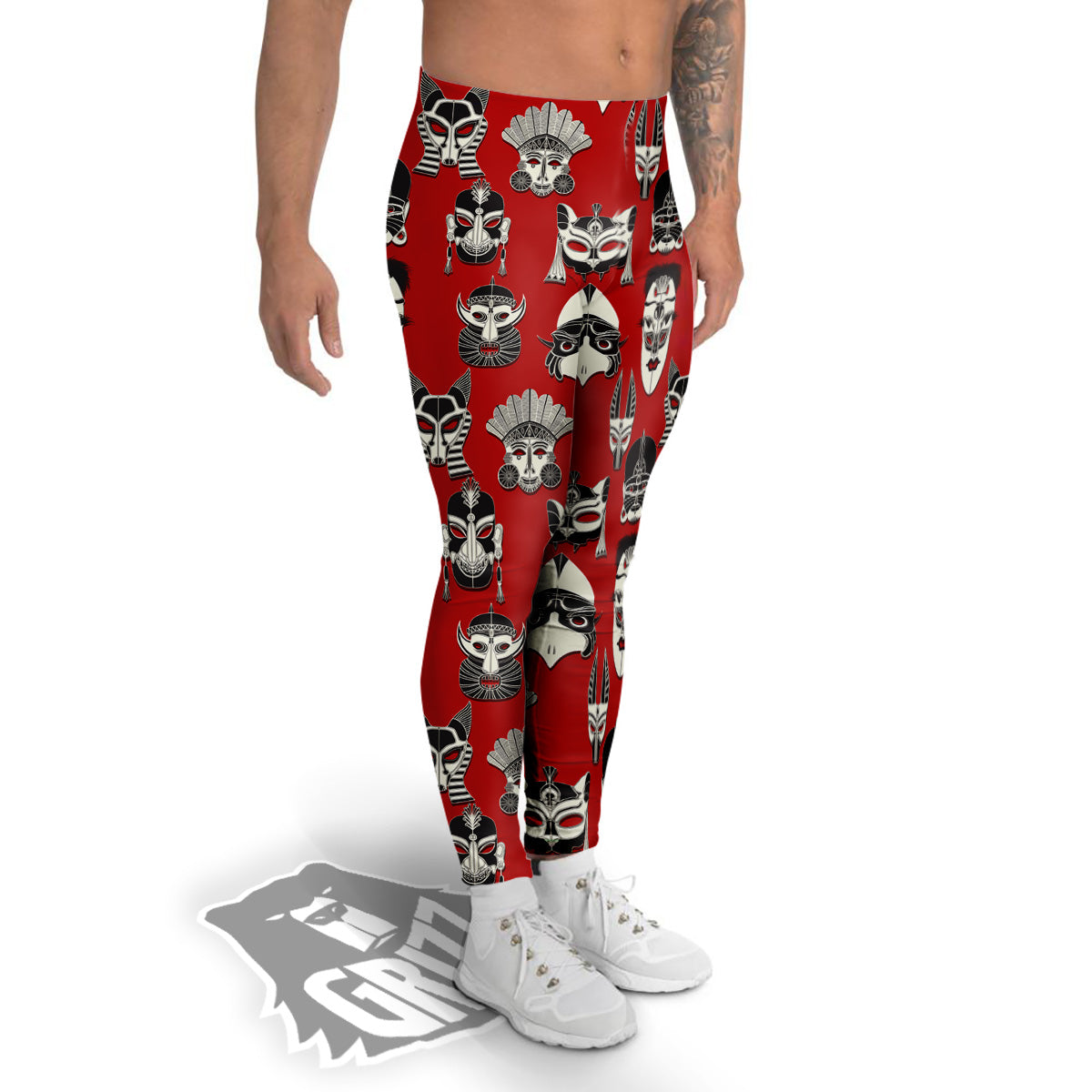 Red White Tribal Mask Print Pattern Men's Leggings-grizzshop