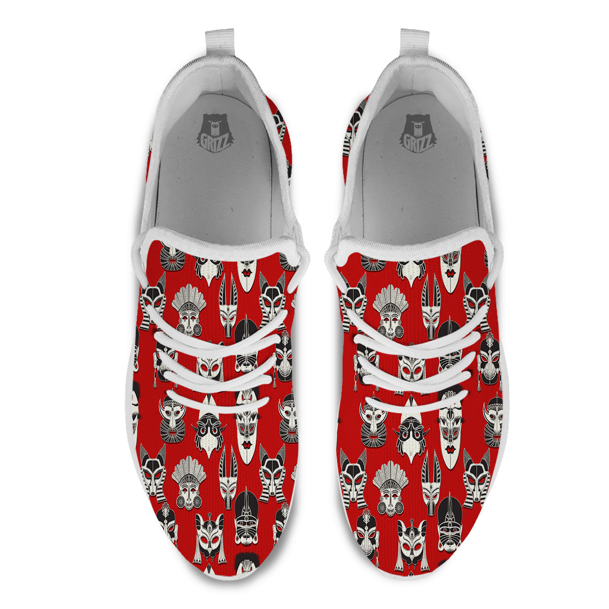Red White Tribal Mask Print Pattern White Athletic Shoes-grizzshop