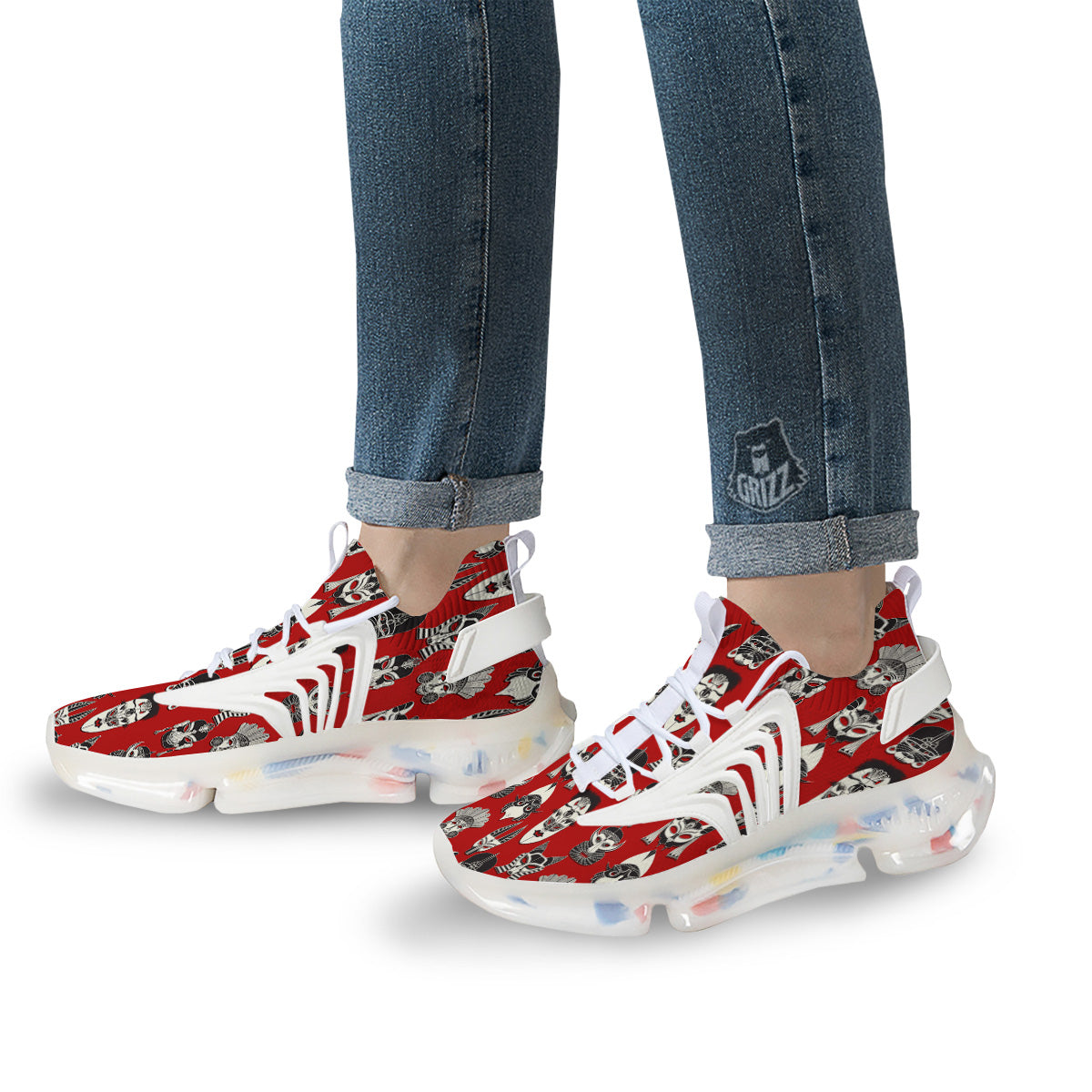 Red White Tribal Mask Print Pattern White Gym Shoes-grizzshop