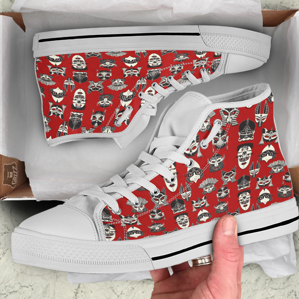 Red White Tribal Mask Print Pattern White High Top Shoes-grizzshop