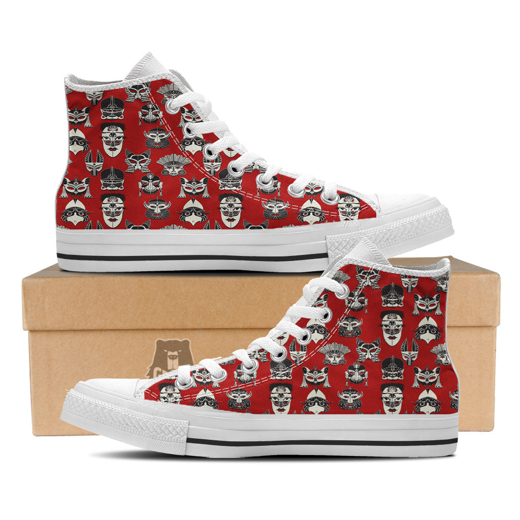 Red White Tribal Mask Print Pattern White High Top Shoes-grizzshop