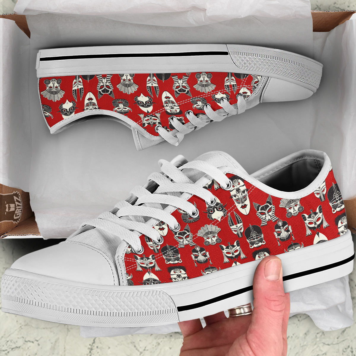 Red White Tribal Mask Print Pattern White Low Top Shoes-grizzshop