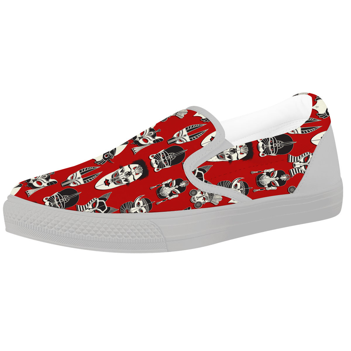 Red White Tribal Mask Print Pattern White Slip On Shoes-grizzshop