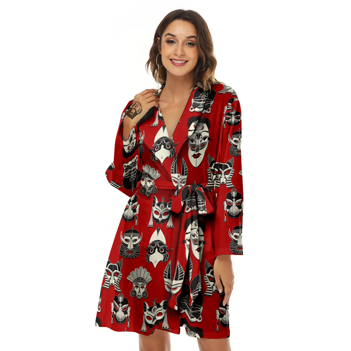 Red White Tribal Mask Print Pattern Women's Robe-grizzshop