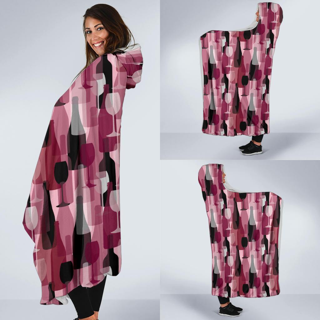 Red Wine Botttle Pattern Print Hooded Blanket-grizzshop