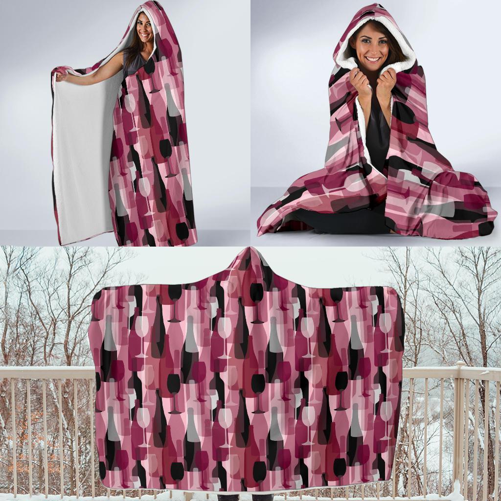 Red Wine Botttle Pattern Print Hooded Blanket-grizzshop