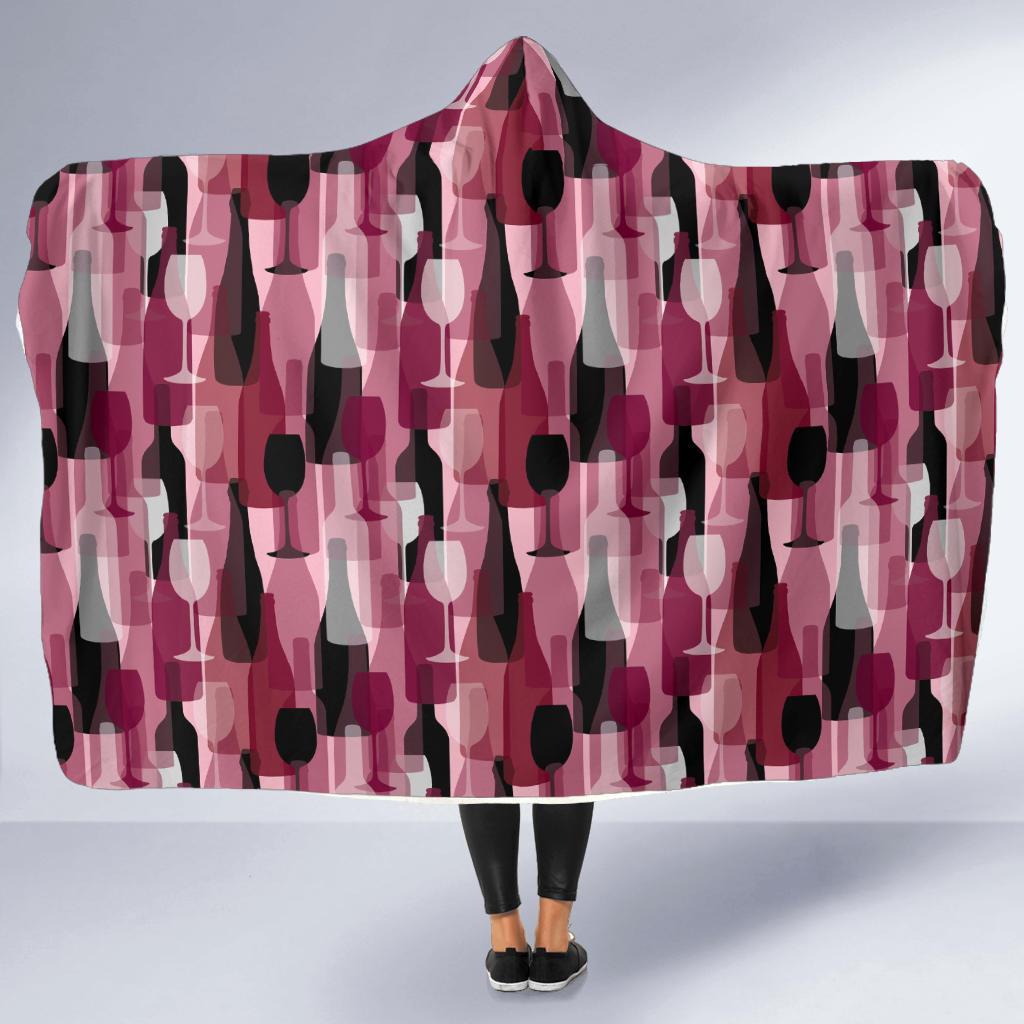 Red Wine Botttle Pattern Print Hooded Blanket-grizzshop