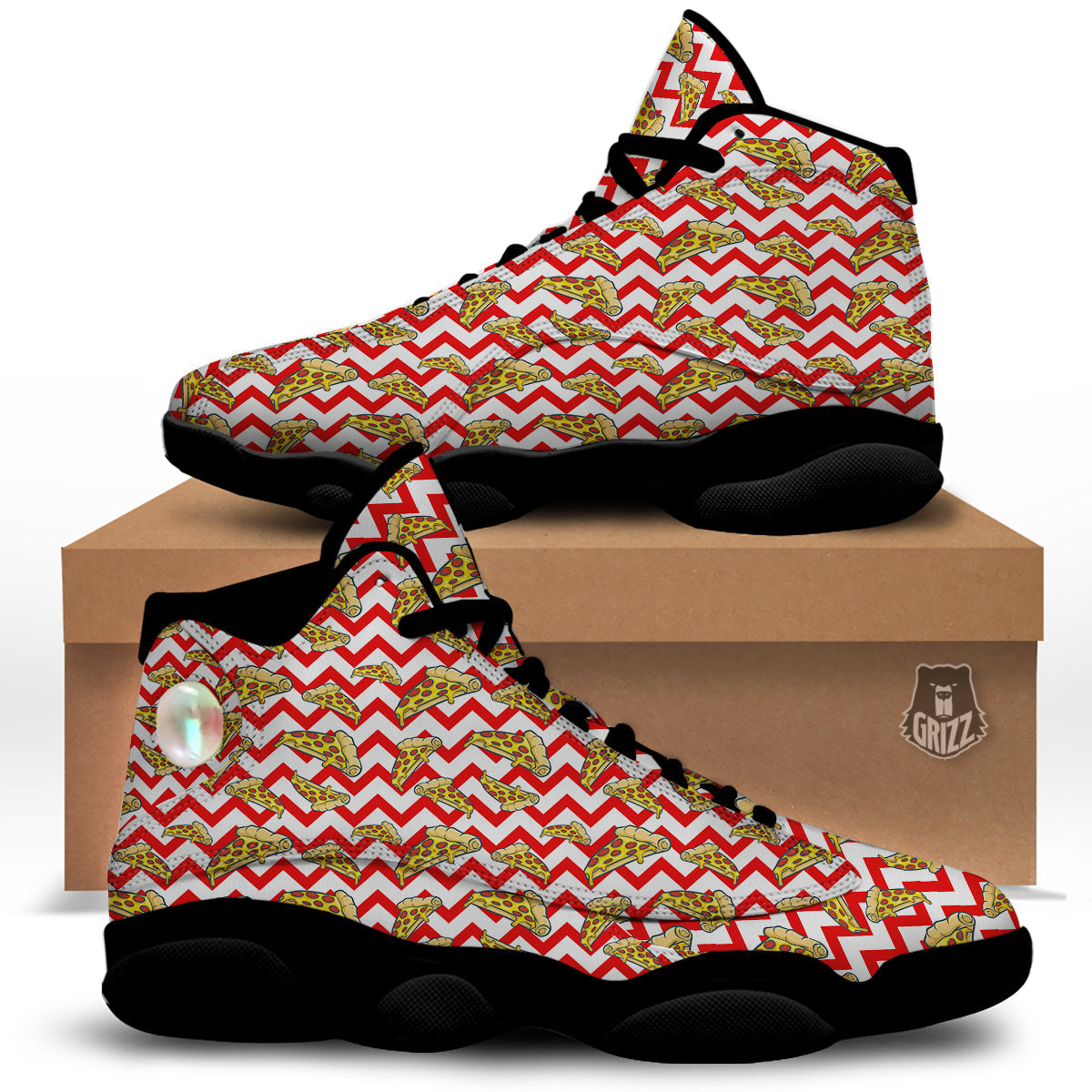 Red Zigzag Pizza Print Pattern Black Basketball Shoes-grizzshop