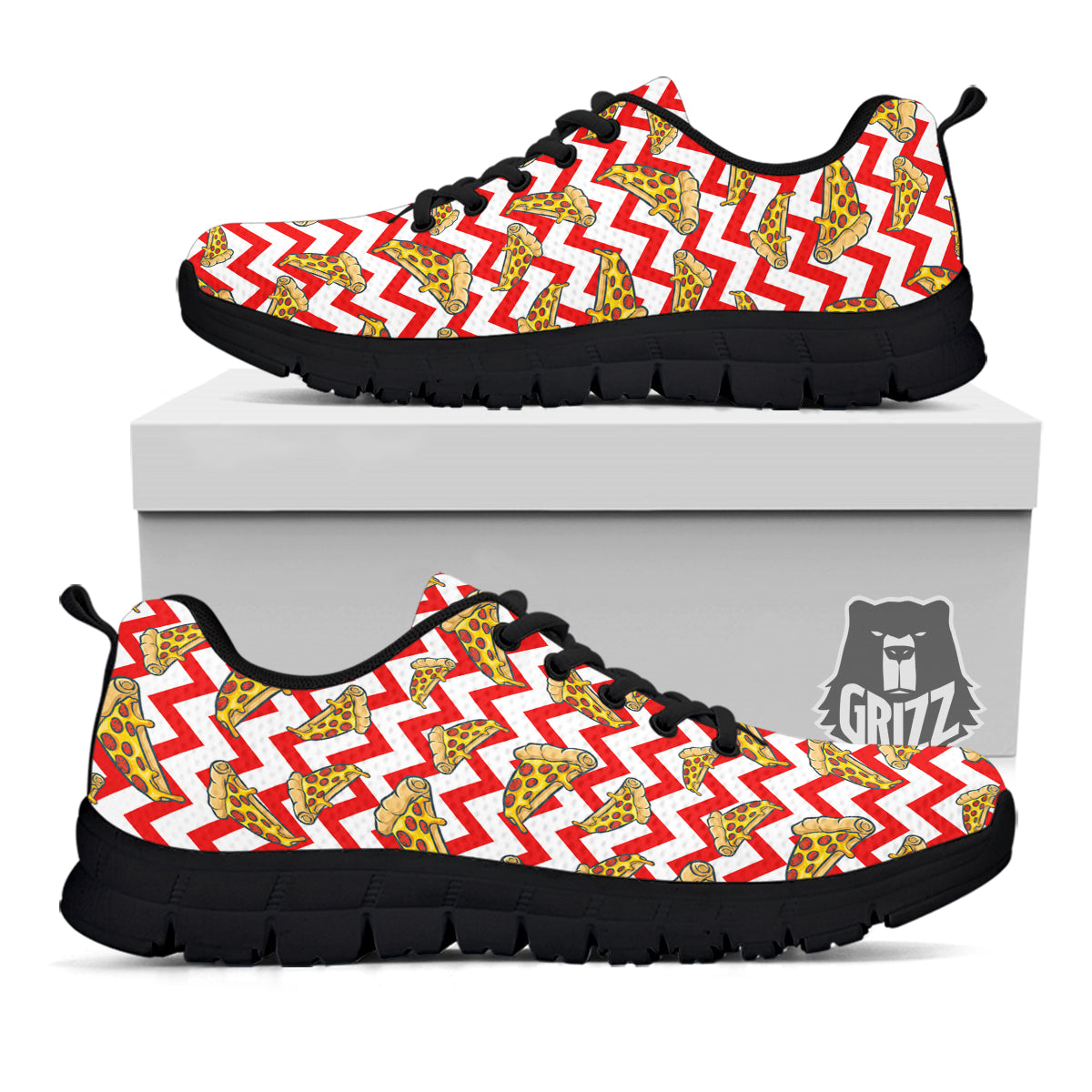 Red Zigzag Pizza Print Pattern Black Sneaker-grizzshop