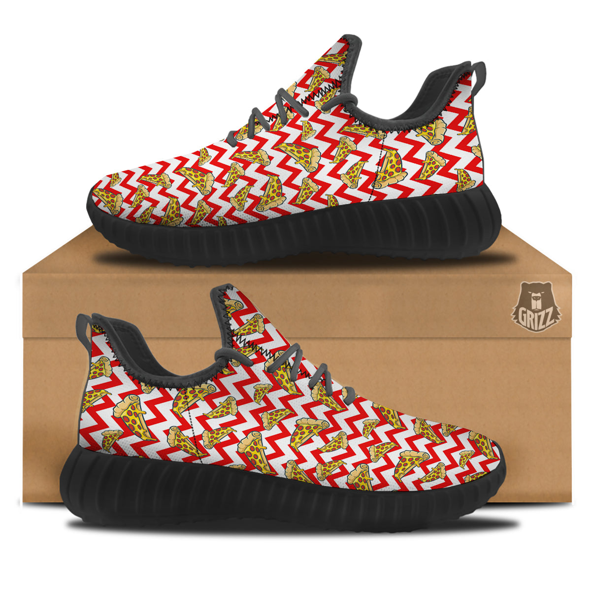 Red Zigzag Pizza Print Pattern Black Walking Shoes-grizzshop