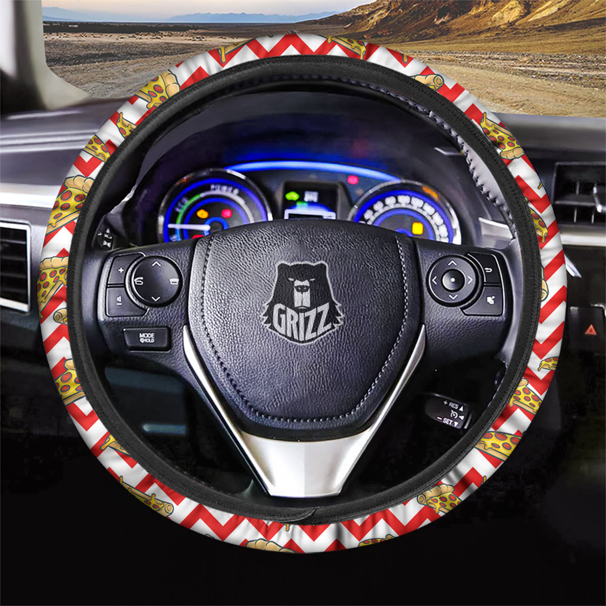 Red Zigzag Pizza Print Pattern Car Steering Wheel Cover-grizzshop