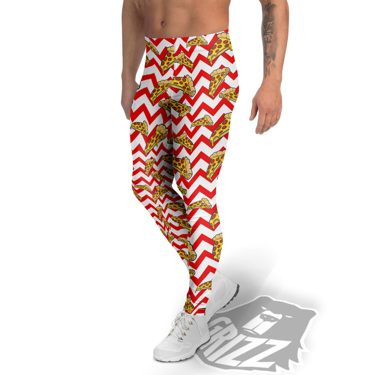 Red Zigzag Pizza Print Pattern Men's Leggings-grizzshop