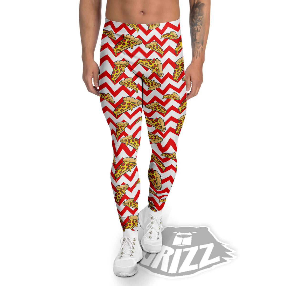 Red Zigzag Pizza Print Pattern Men's Leggings-grizzshop