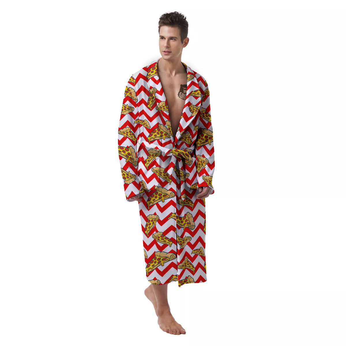 Red Zigzag Pizza Print Pattern Men's Robe-grizzshop