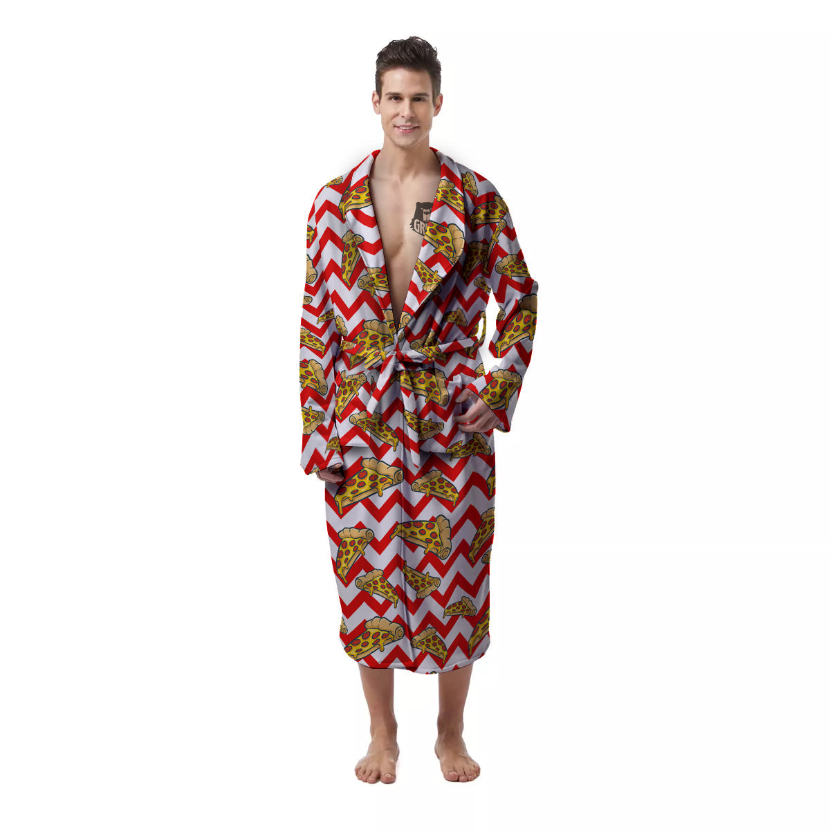 Red Zigzag Pizza Print Pattern Men's Robe-grizzshop