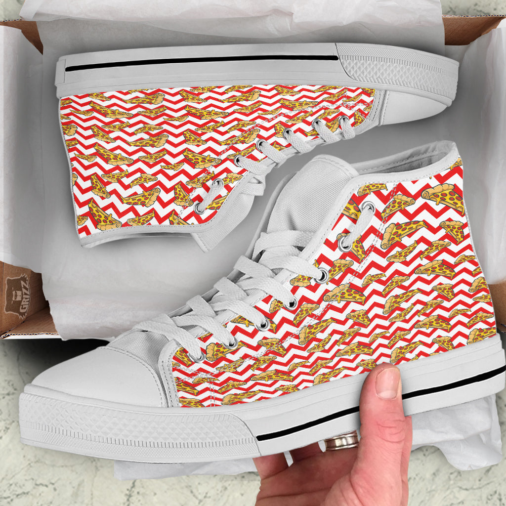 Red Zigzag Pizza Print Pattern White High Top Shoes-grizzshop