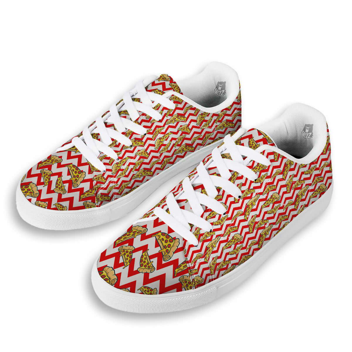Red Zigzag Pizza Print Pattern White Low Top Sneakers-grizzshop