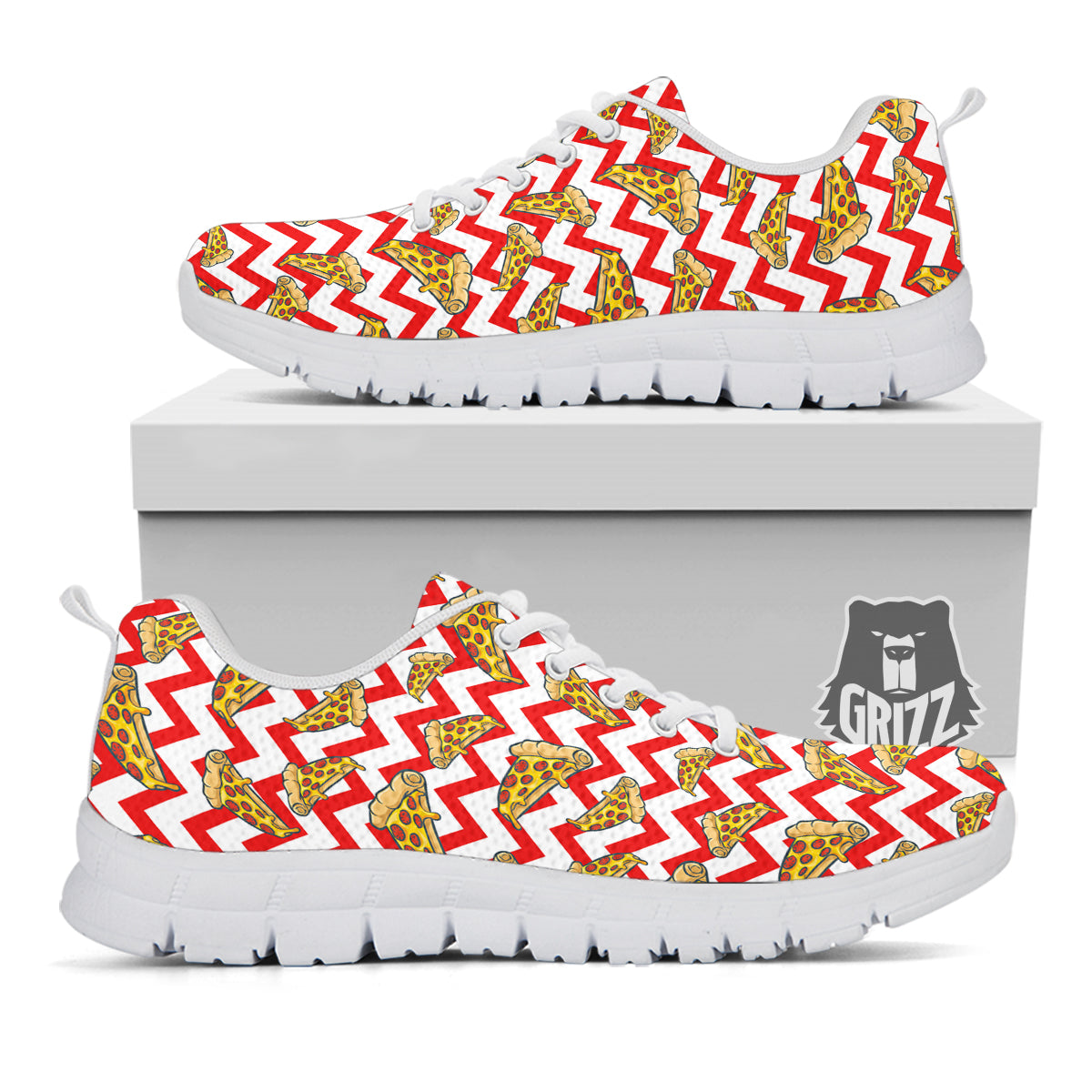 Red Zigzag Pizza Print Pattern White Sneaker-grizzshop