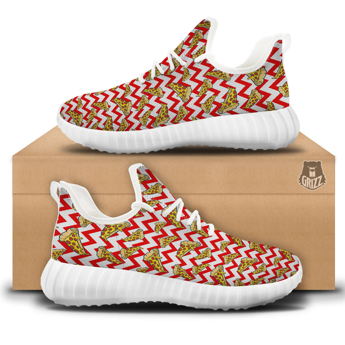 Red Zigzag Pizza Print Pattern White Walking Shoes-grizzshop
