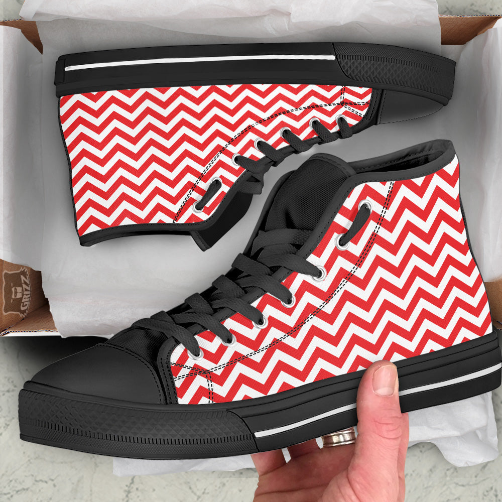 Red Zigzag Print Pattern Black High Top Shoes-grizzshop