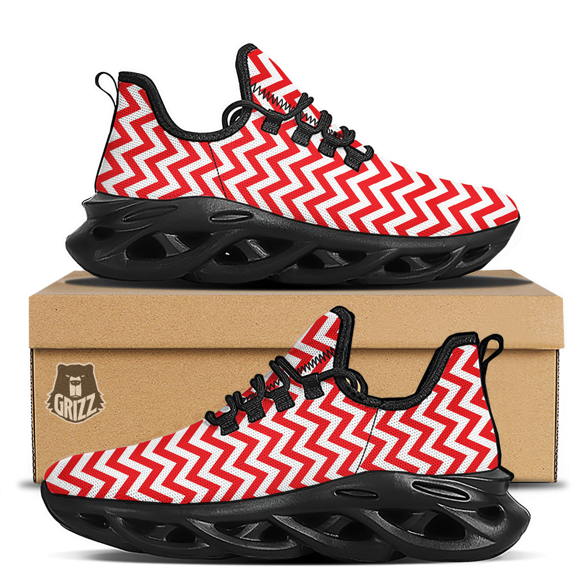 Red Zigzag Print Pattern Black Running Shoes-grizzshop