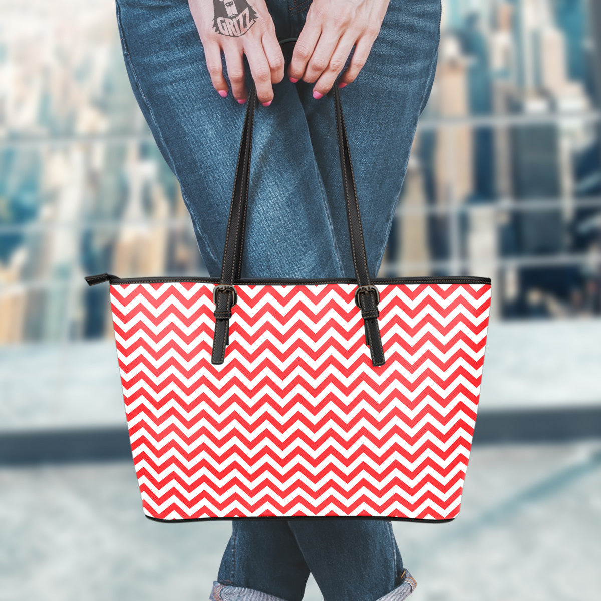 Red Zigzag Print Pattern Leather Tote Bag-grizzshop
