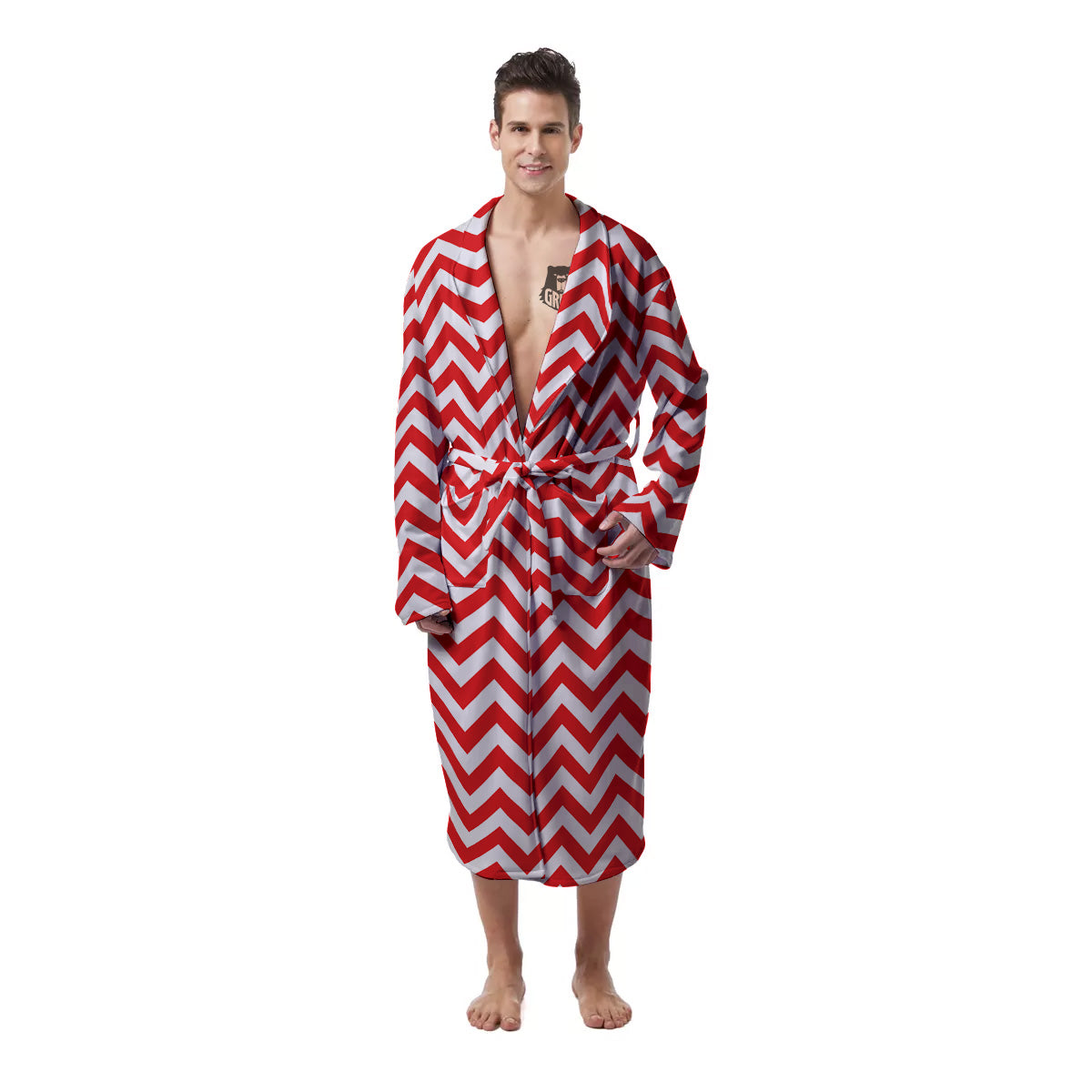 Red Zigzag Print Pattern Men's Robe